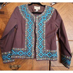 Carrie Allen Brown Embroidered Batik Boho Size Small Open Front Jacket